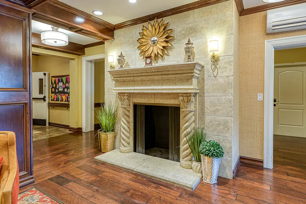 Cozy common area with a fireplace and elegant decor