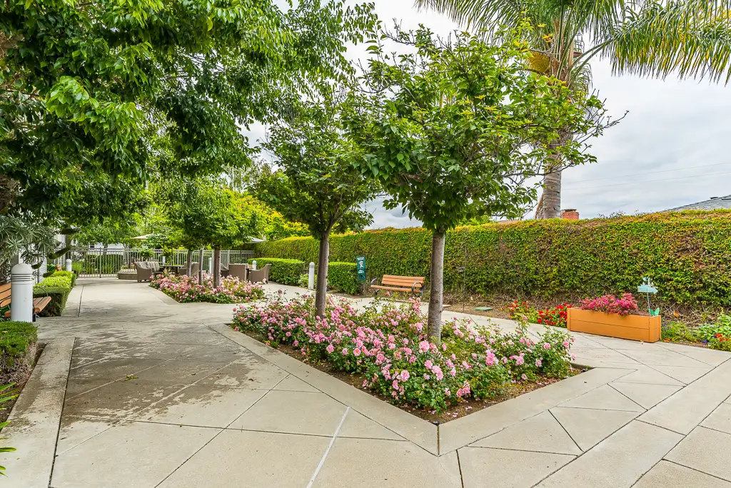 Landscaped outdoor space with pathways and flowers
