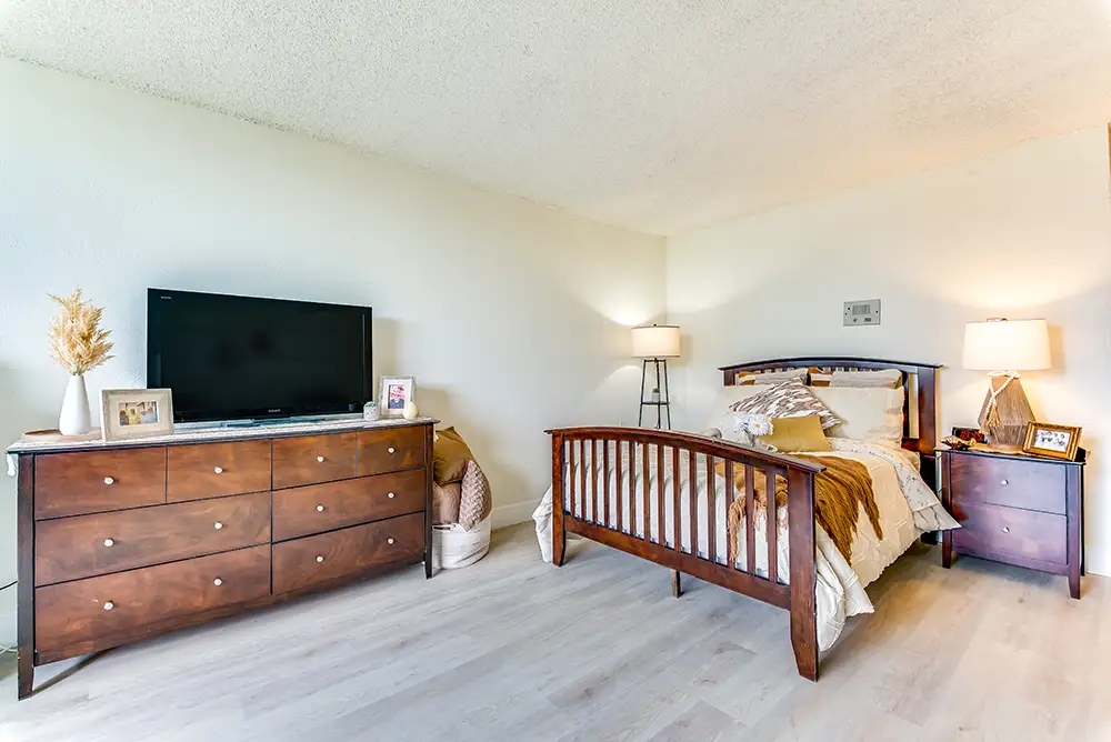 Cozy interior of a resident room with furniture