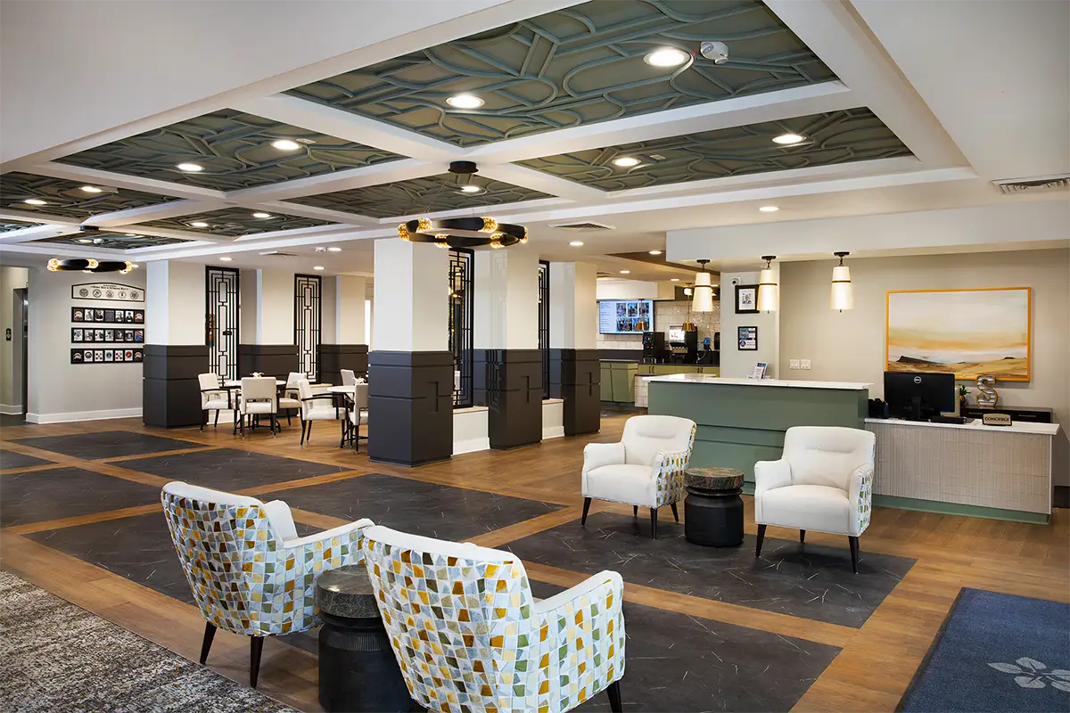 Bright and inviting interior of a senior living lobby