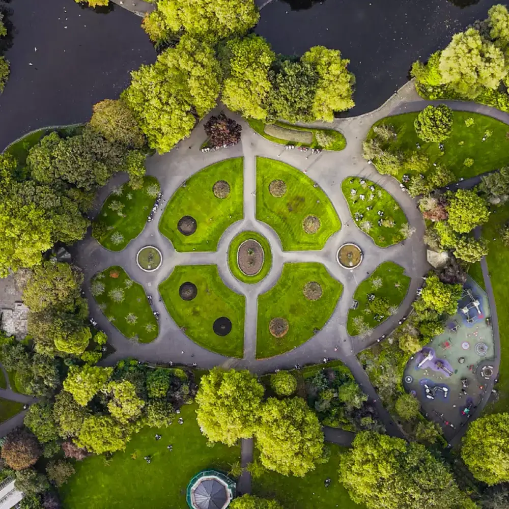 Aerial view of a lush, landscaped park