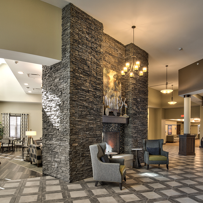 Interior view of a cozy common area with seating