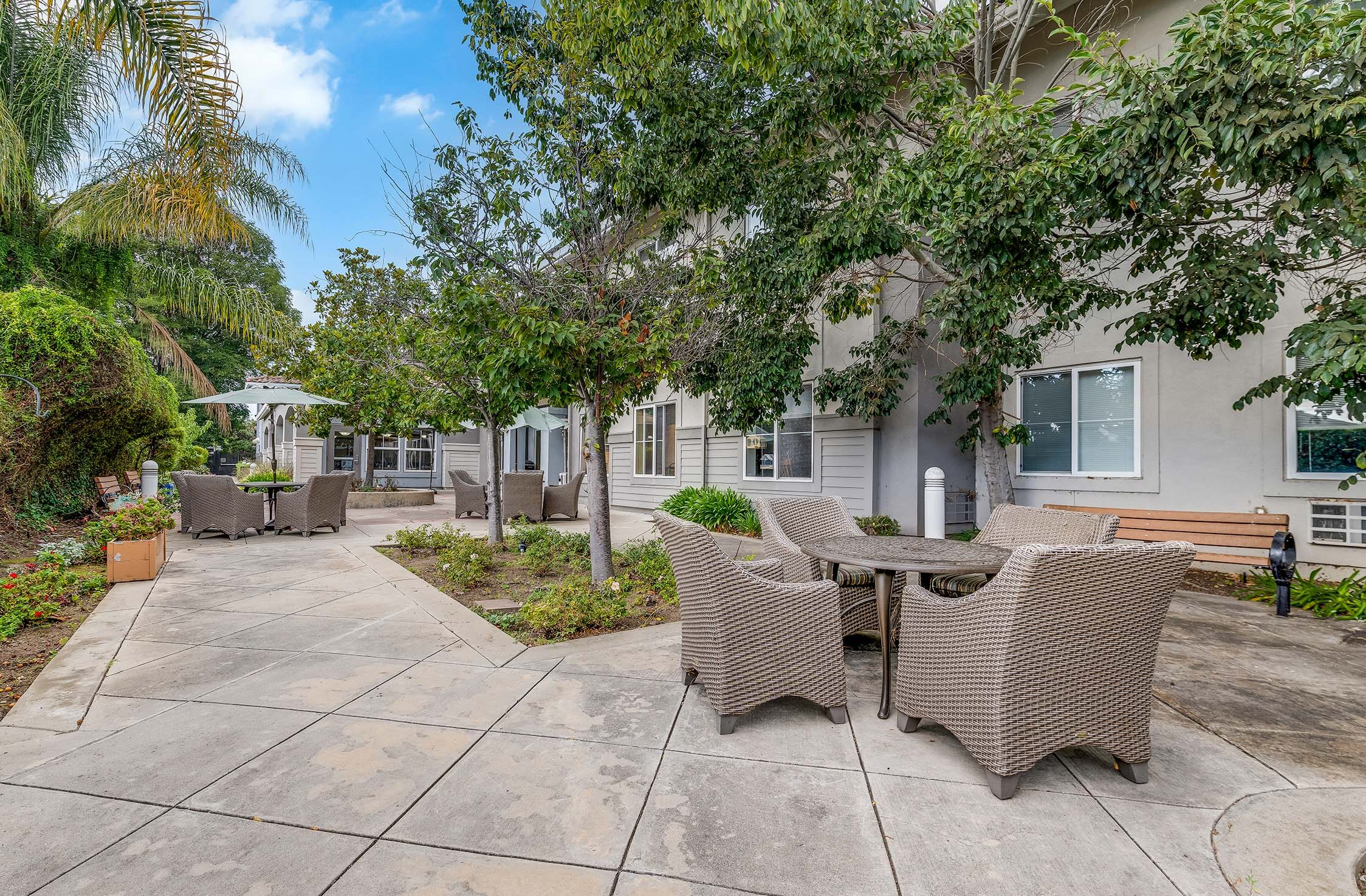Outdoor seating area with trees and patio furniture