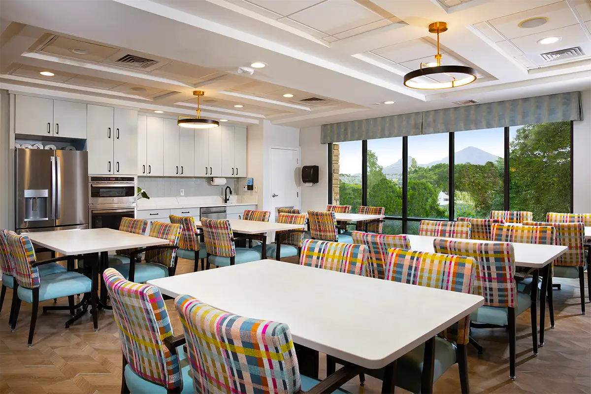 Dining area with colorful chairs and large windows