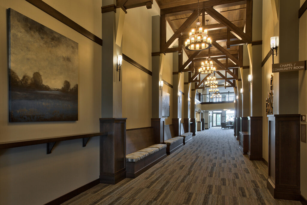Interior view of a community room with a high ceiling