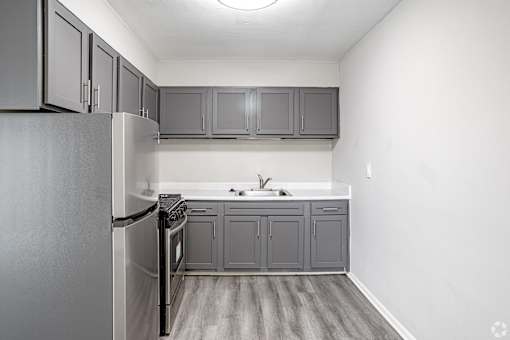Modern kitchen area with gray cabinets and appliances