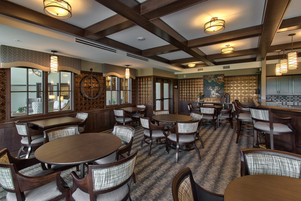 Interior view of a common area with dining tables