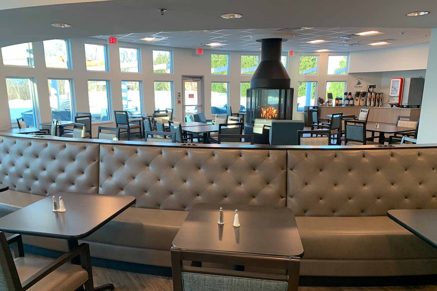 Interior view of a modern dining area with seating