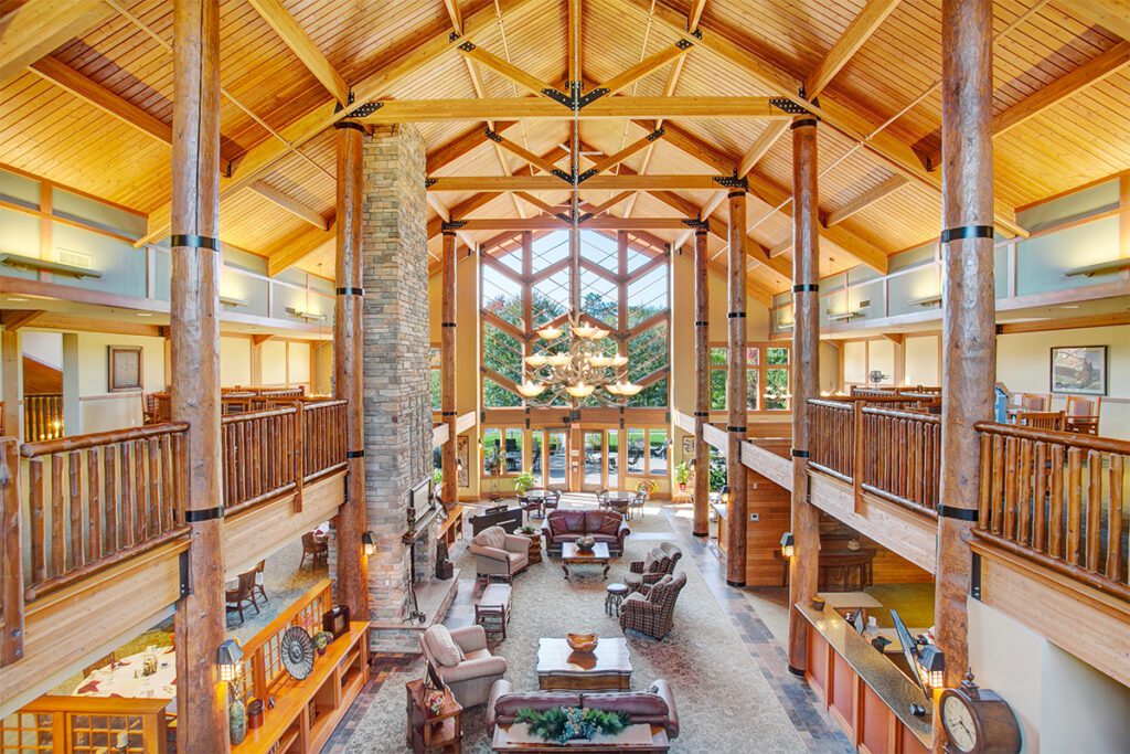 Interior view of a common area with high ceilings