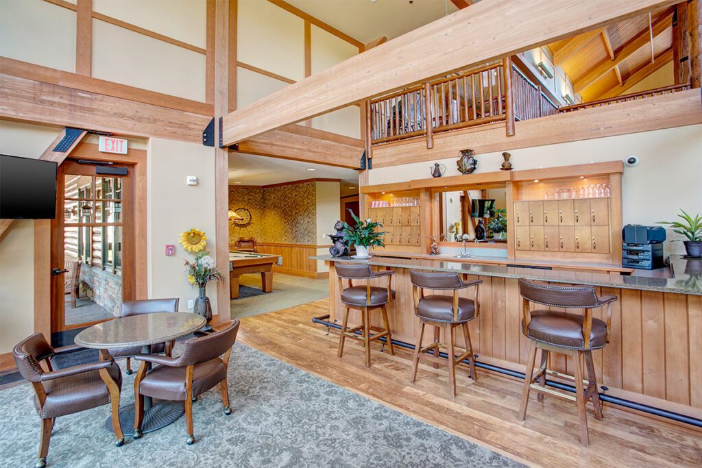 Interior view of a common area with seating and bar