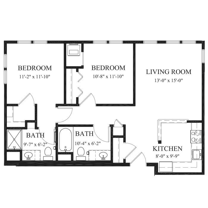 Architectural floor plan of a two-bedroom unit