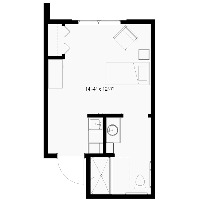Architectural floor plan of a private resident room