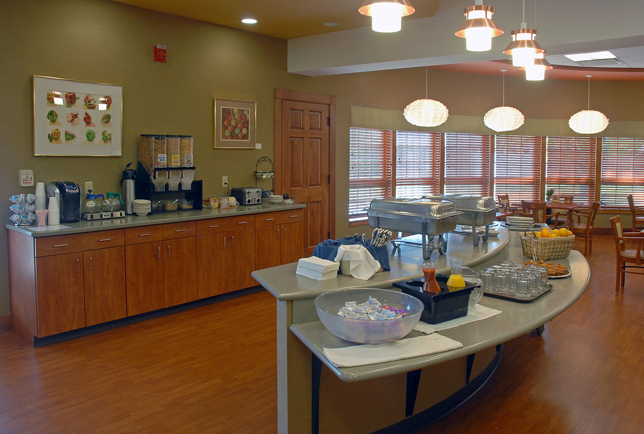 Interior view of a dining area with food options