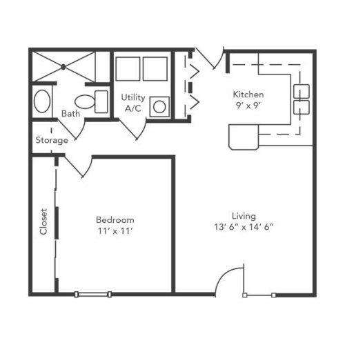 Architectural floor plan of a senior living unit