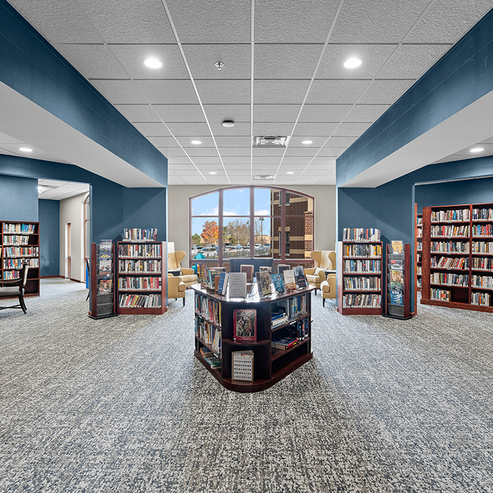 Bright interior of a library with bookshelves