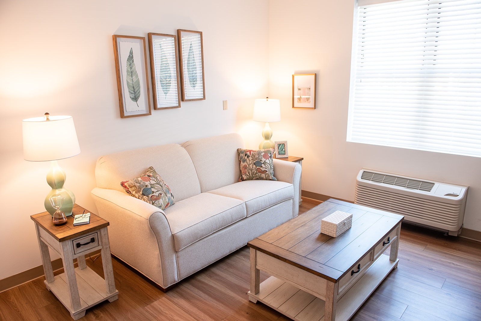 Cozy living room with a sofa and lamps