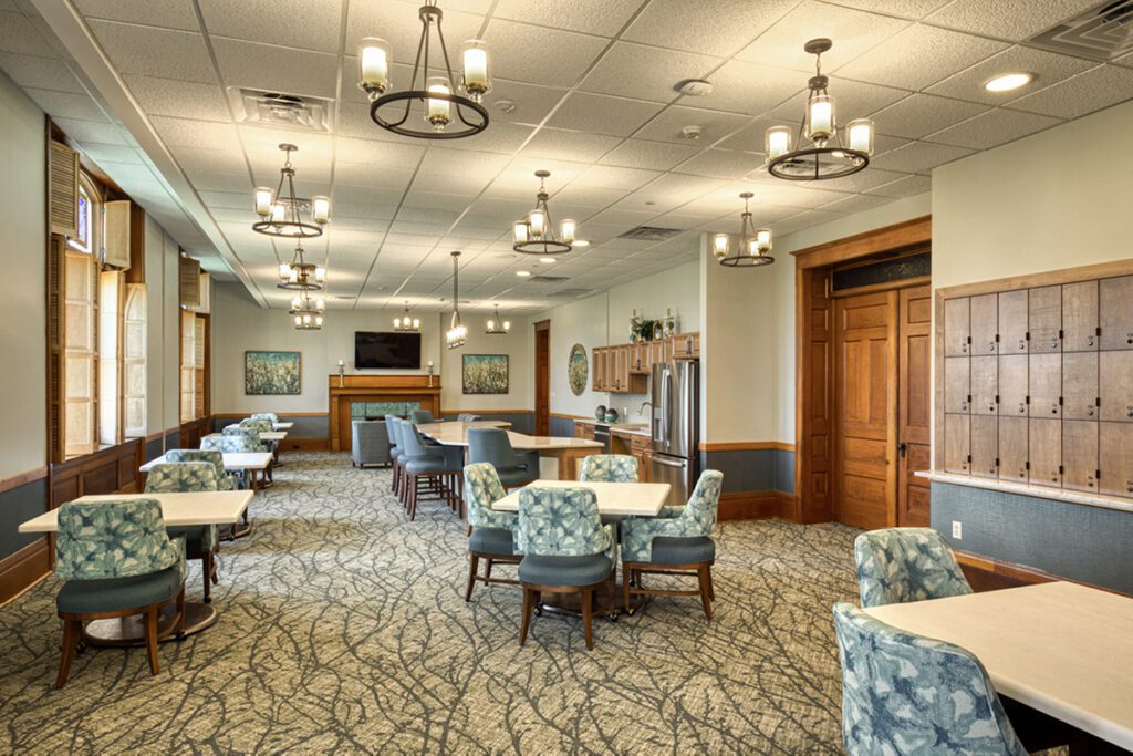 Bright common area with seating and decor