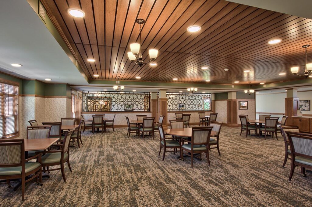 Dining area in a modern assisted living facility
