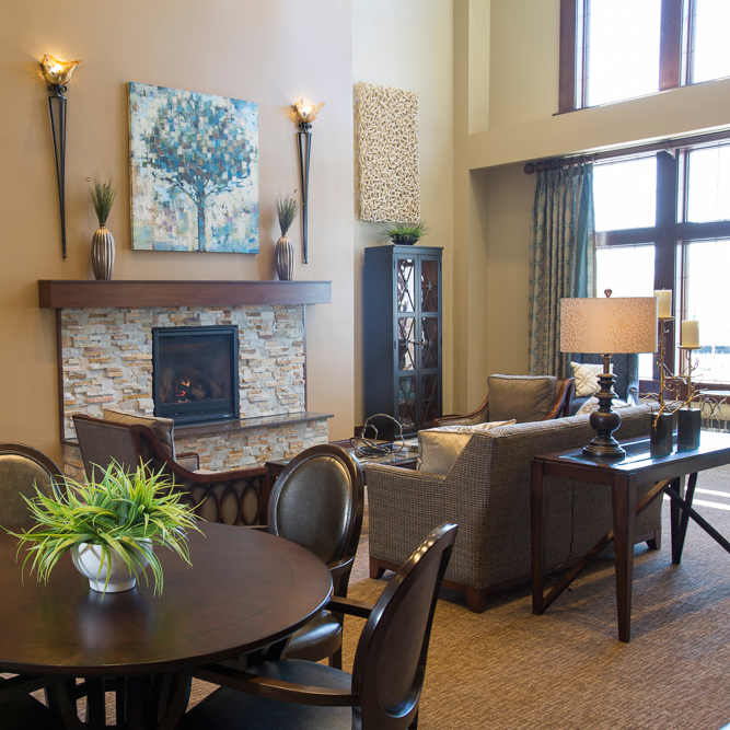 Cozy common area with seating and artwork