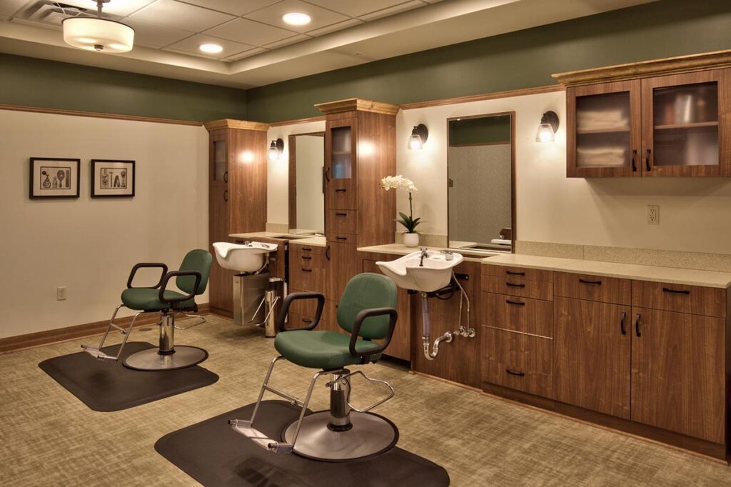 Salon area with styling chairs and mirrors