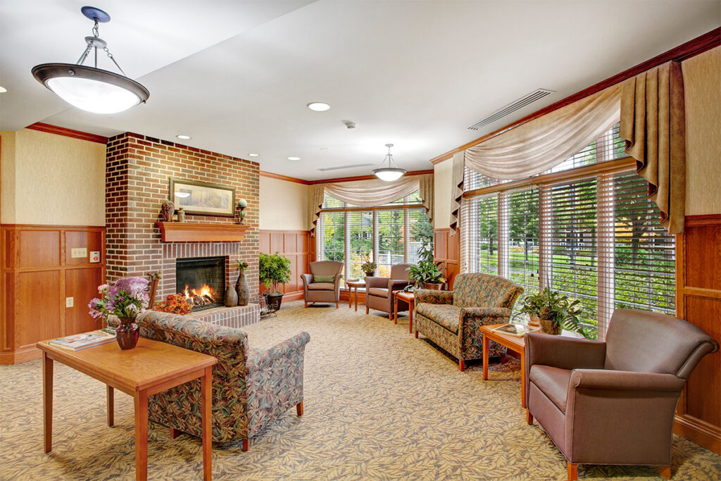 Cozy common area with seating and fireplace