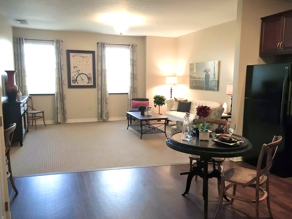 Bright interior common area with seating and decor