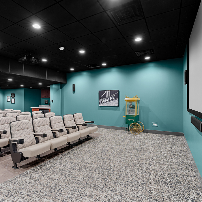 Interior of a movie theater with seating
