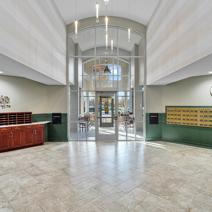 Bright interior lobby with seating area