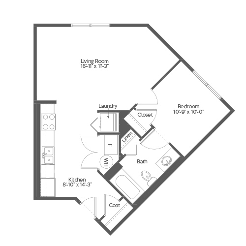 Architectural floor plan of a senior living unit
