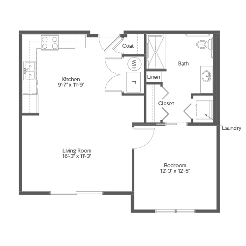 Architectural floor plan of a one-bedroom unit