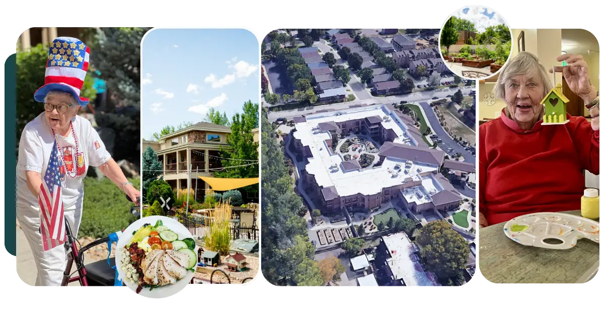Residents participating in activities with facility building and gardens