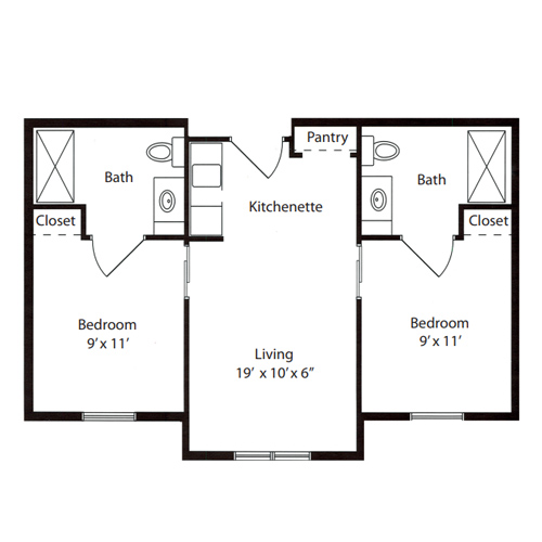 Architectural floor plan of a two-bedroom layout