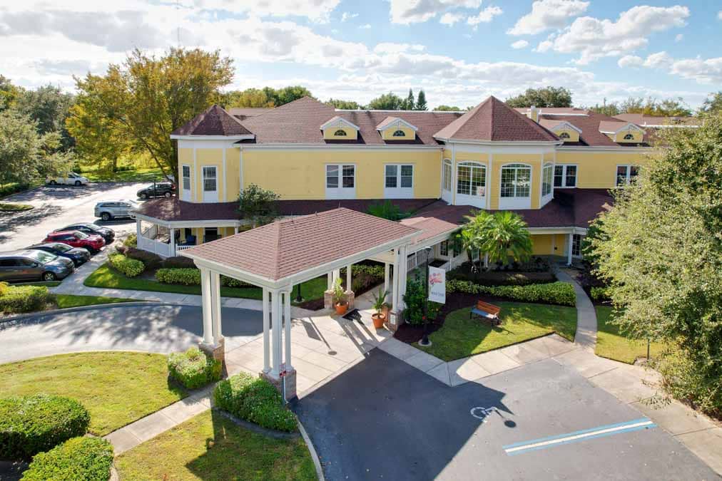 Aerial view of the Monark Grove Greystone building entrance