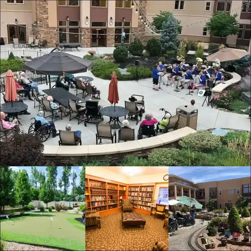 Residents enjoying a musical performance in the outdoor courtyard
