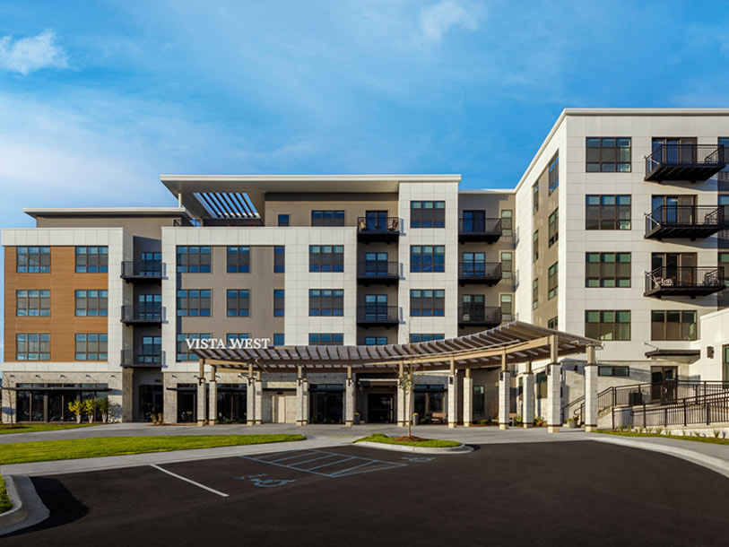 Exterior view of the building with structured entrance