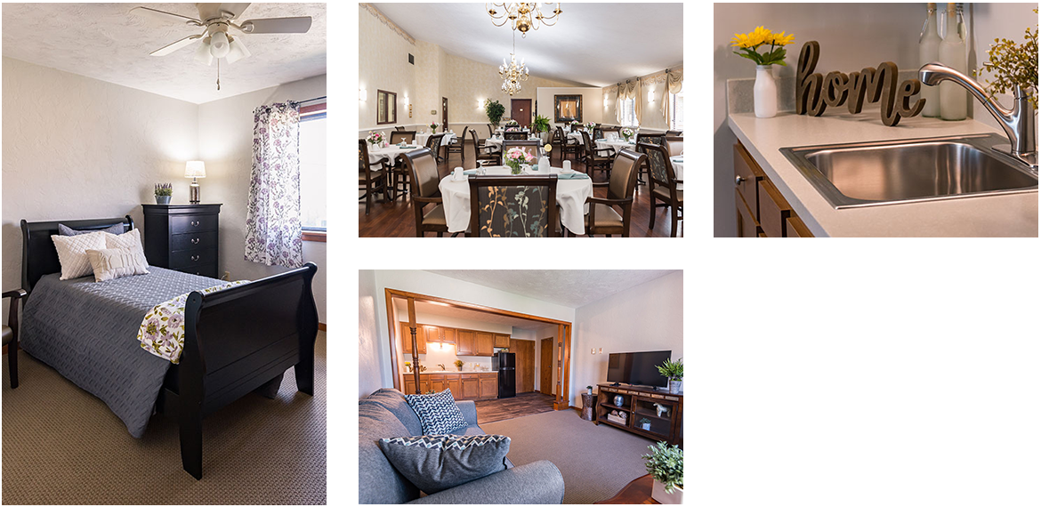 Well-furnished common areas and private room in a senior living facility