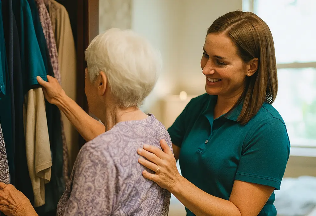 Staff assisting a resident with clothing in their room