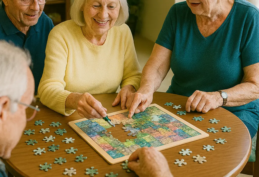 Residents enjoying a puzzle game at a communal table
