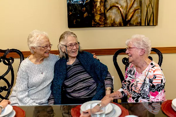 Three elderly women enjoying each other's company in a dining setting