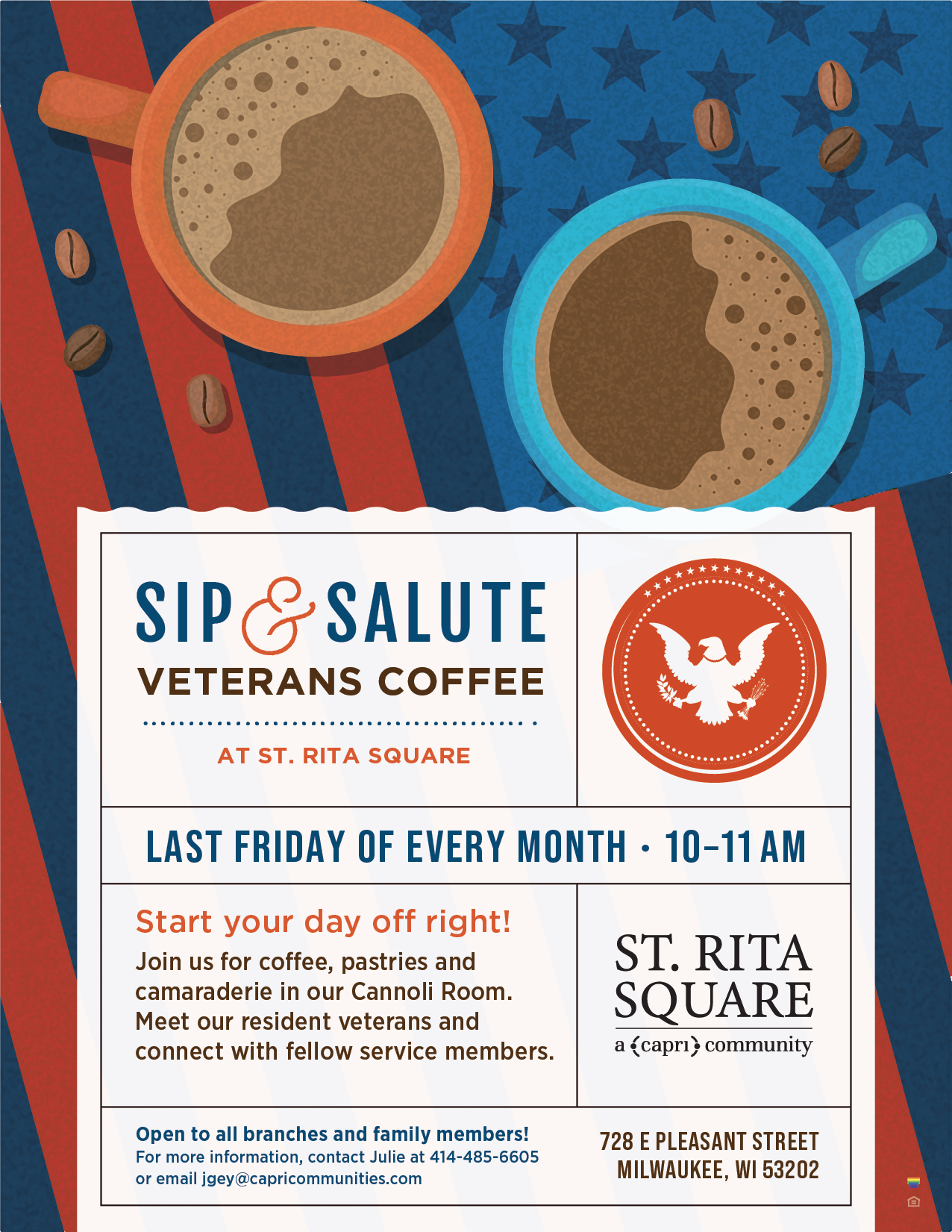 Colorful promotional flyer for a veterans coffee event
