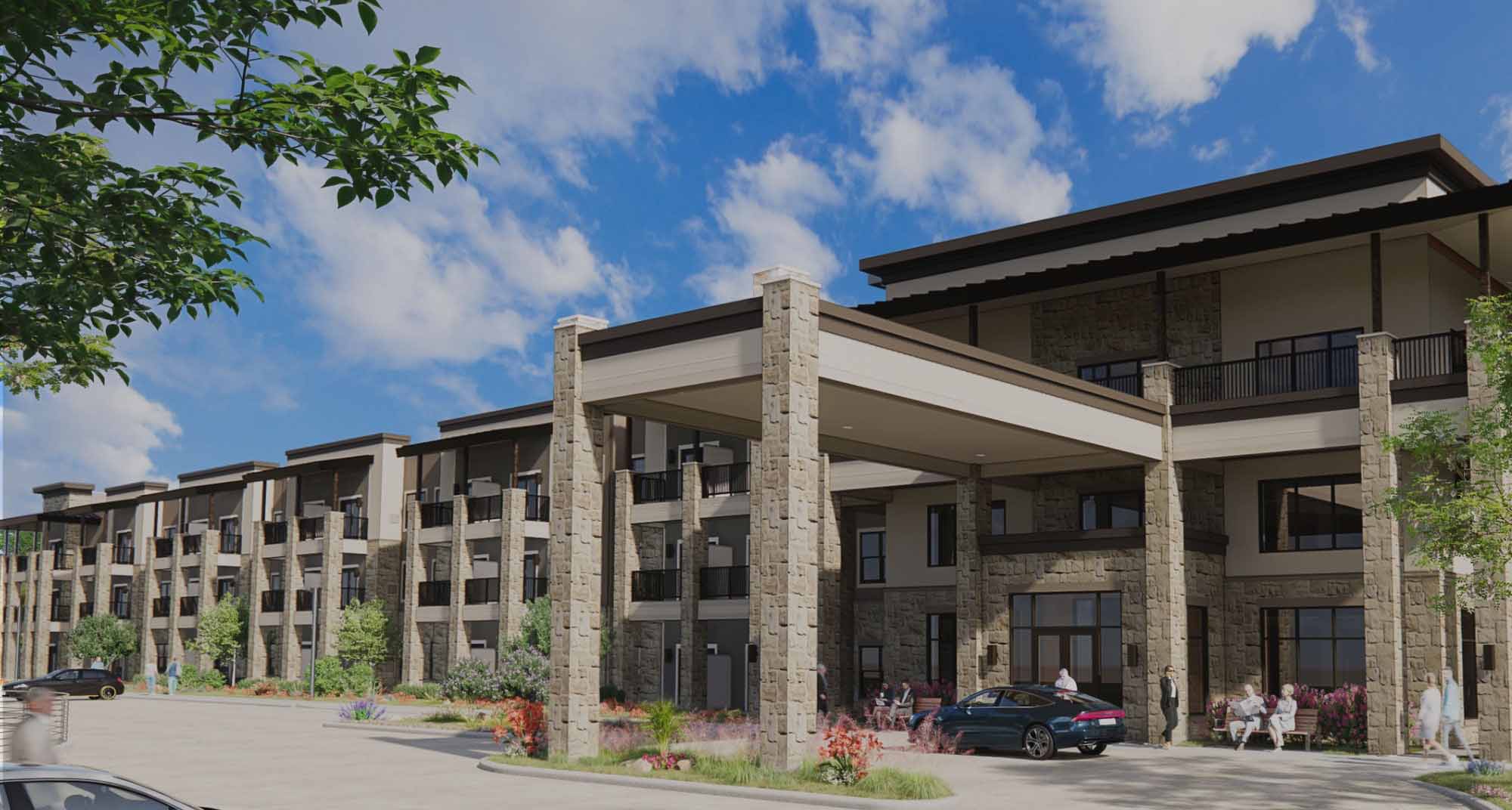Exterior view of Monark Grove Greystone with residents