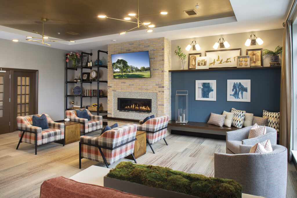 Cozy common area with seating and fireplace