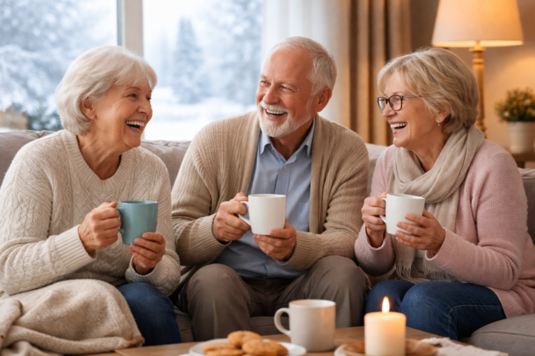 Seniors laughing and enjoying drinks in a cozy living room