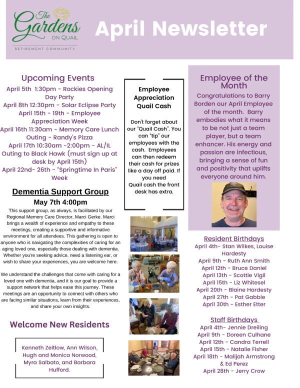 Newsletter featuring events and activities at The Gardens on Quail