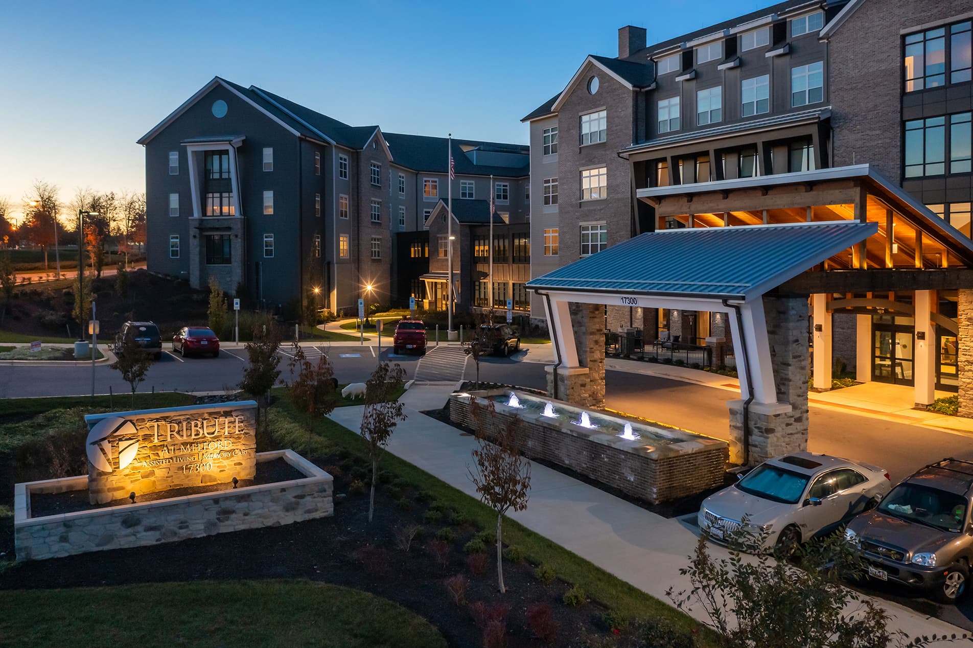 Aerial view of the facility entrance and exterior lighting