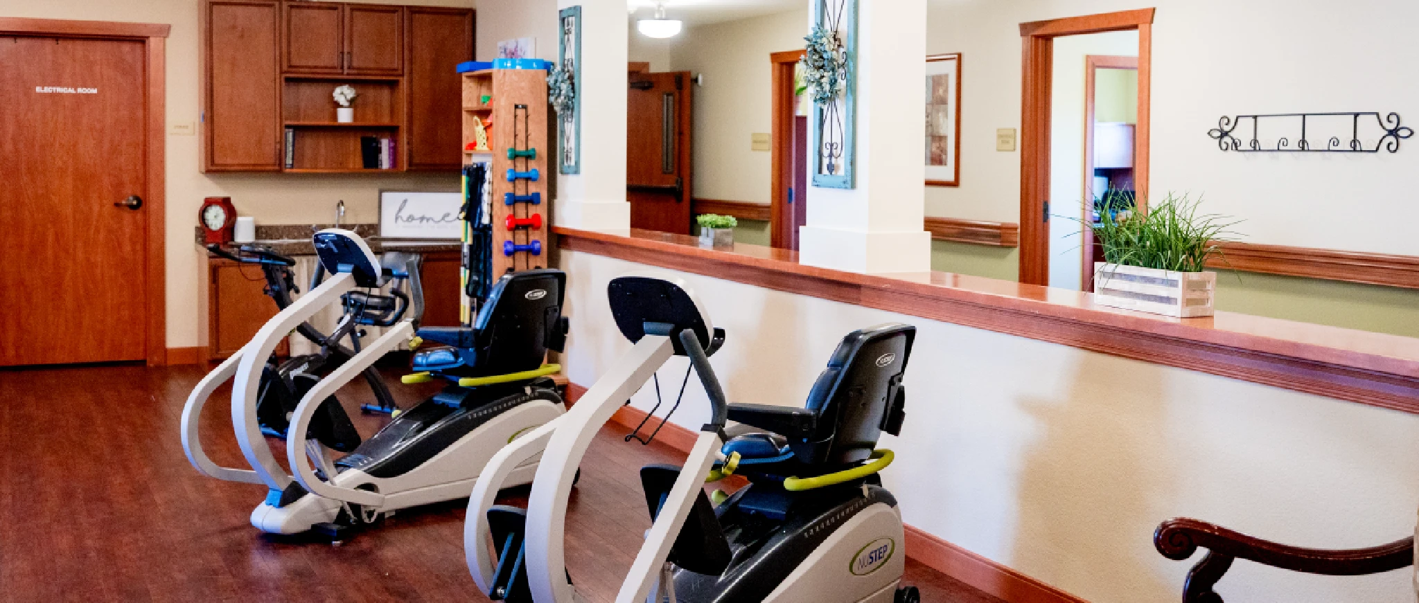Interior view of an exercise area with equipment