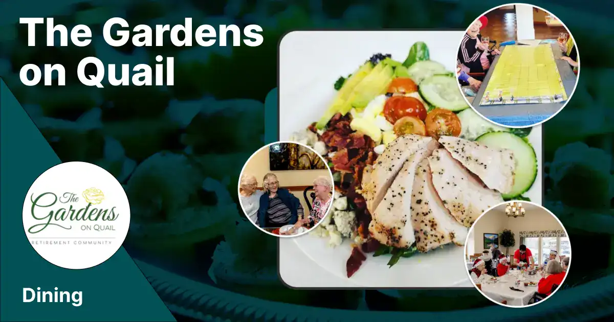 Logo of The Gardens on Quail with dining visuals
