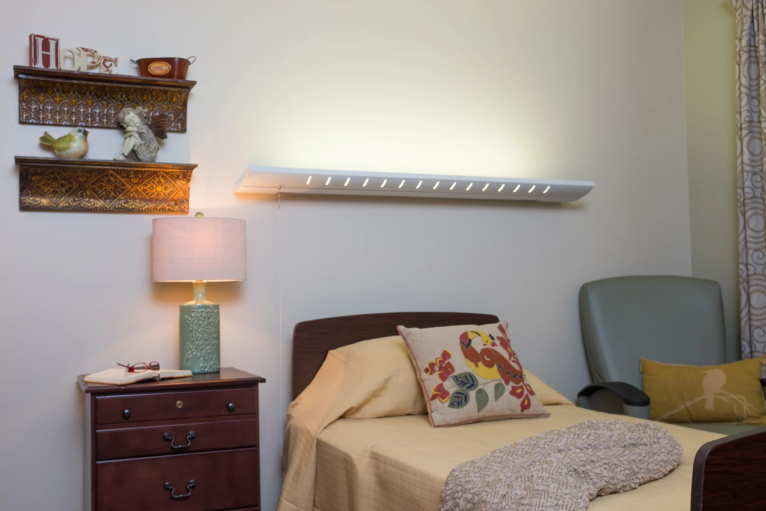 Cozy resident room with decor and lighting