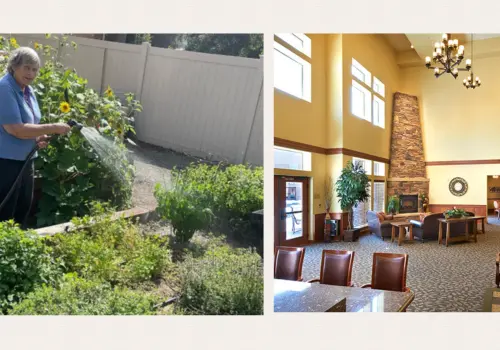 Resident watering plants in outdoor garden and common area lounge
