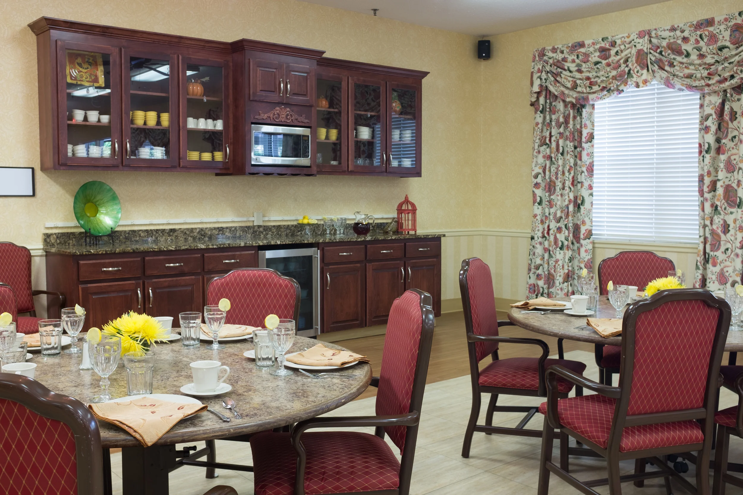 Cozy dining area with tables set for meals